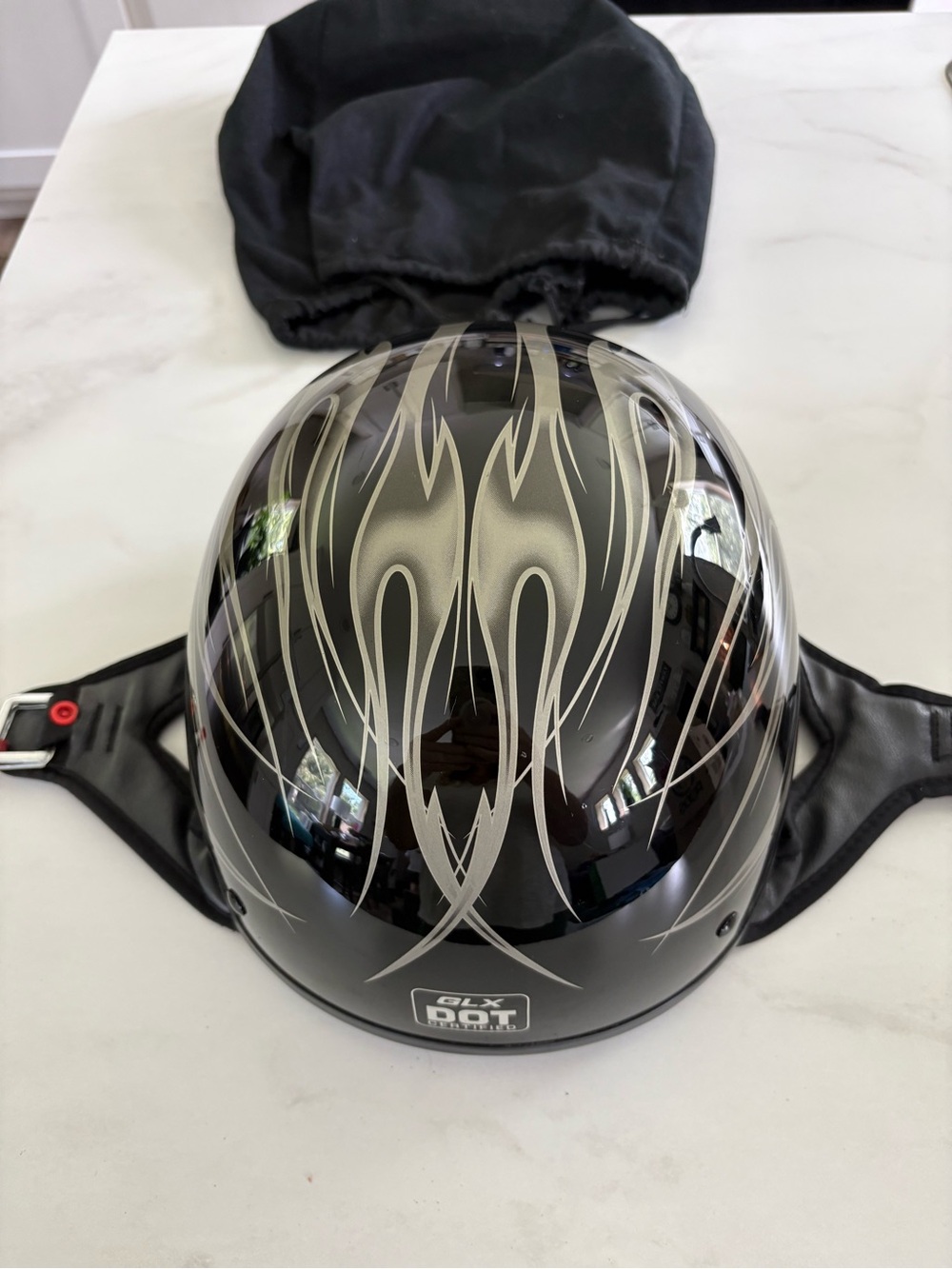 GLX DOT Black Helmet with Silver Flame Graphics NEW SZ M